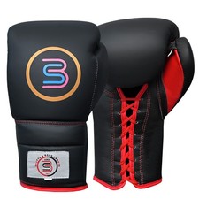 Premium Cowhide Leather Lace-Up Boxing Gloves Black Red 16oz Muay Thai Training