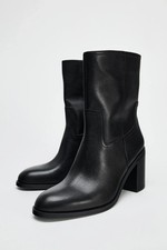 Zara LEATHER HIGH BLOCK HEEL ANKLE BOOTS ~ Black | 2105/410 ~ UK 7
