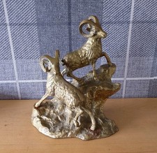 Vintage Solid Brass Mountain Goats Rams On Rocks Sculpture Statue Heavy