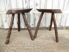 Antique Vintage Pair of French Brutalist  Rustic 3 Legged Milking Stools