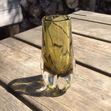 Small Vintage Floral Shaped Base Heavy Smoked Glass Vase 5” Tall AF