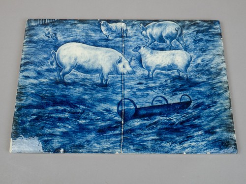 Large hand painted tile pigs - tile,