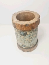 Vintage Brown Wooden Cylindrical Pen Holder/Storage Box with World Map