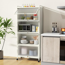 Kitchen Storage Cabinet on Wheels 5 Tier Pantry Rack Flip Doors Shelves White