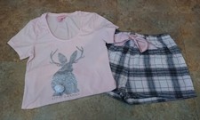 Lipsy London Love Sleep Pink & Check Glitter Rabbit Ladies Shorts Pyjama Set - S