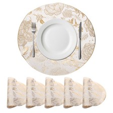 Rose Floral Placemats Set of 6 Round Metallic Vinyl Pressed Placemats, Gold