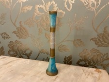 Tall Slim Glass Vase Hand Painted Gold /aqua Blue Signed “SIMONE” 15 “ Tall