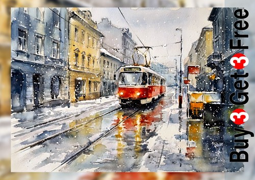 Snowy red tram street - snowy, 5"x7"