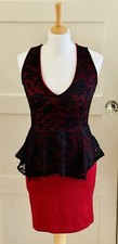 BOOHOO Peplum Dress • Burgundy & Black Lace • V Neck Stretch Fabric • Size UK 10