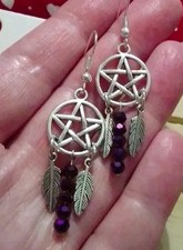 Gothic Silver Pentagram Dream Catcher Purple Beads Handmade Dangle Halloween 