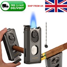 Gray Windproof Metal Cigar Lighter 3 Jet Flame Torch With Cigar With/ Punch