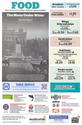 Wetherspoons bar menu the - wetherspoons,