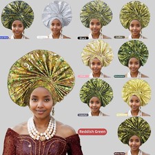 African Headtie Aso Oke Auto Gele Wedding Fan Shape Women Hijab Hat Nigerian Cap
