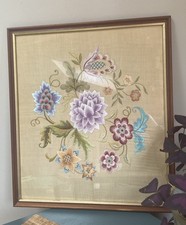 Vintage Floral Embroidery Framed Approx: 18.5 x 16” Crewel Style Country House