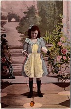Young Girl Playing Diabolo in Blue Dress 1900s RPPC German Postcard Hand-Colored
