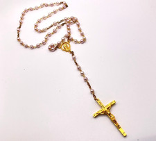 Pink faux pearl bead cross rosary vintage 84cm gold tone metal religious