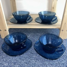 Vintage Vereco Blue Glass Tea Coffee Cups & Saucers France Great Condition 1970s