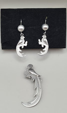 Vintage Designer Solid Silver 900 Phoenix Bird Earrings and Brooch Set