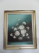 S Leigh Oil Painting Still Life White Roses Floral Flowers Vintage Signed Framed