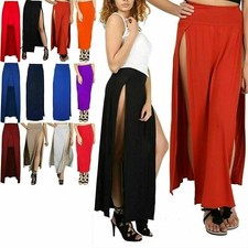 Womens Ladies Double Side Split High Waist Plain Long Basic Summer Maxi Skirt