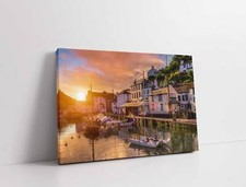 Polperro, fishing village at sunset, Cornwall harbour canvas picture print