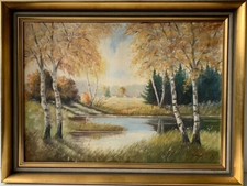 Oil Painting Impressionist Naturalist Birches on the Lakeshore Illegibly Signed