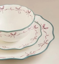 Whimsical Pink Ribbon Bow Dinner Set With Teal Trimming Elegant VintageCharm NEW