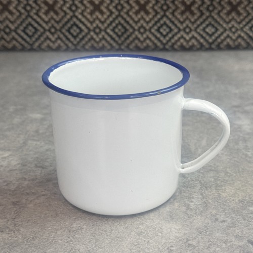 Vintage white enamel mug blue - vintage,