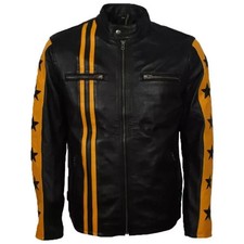 Mens Stylish Cafe Racer Vintage Jacket Black & Yellow Real Sheepskin Leather