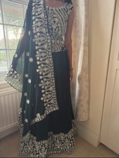 Emerald Green lengha with white embroidery