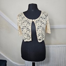 Vintage Style Cream Ivory Crochet Lace Bolero Shrug Cardigan Cropped Size 12UK