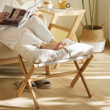 Bamboo Foldable Footstool Wood Soft Foot Rest Shoe Changing Stool with Beige Pad