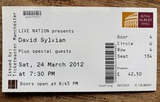 DAVID SYLVIAN TOUR TICKET - LONDON - ALBERT HALL 2012