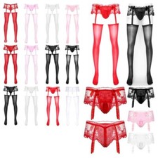 UK Men's Sissy Skirted Pantyhose Pouch Sheer Lace Stockings Thigh High Briefs