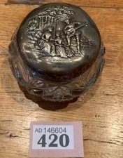 Antique Dressing Table Pot With White Metal Lid embossed With LOVE SCENE