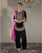 Black Designer Velvet Farshi Pant Pakistani Farsi Salwar Kameez Party Potli Suit