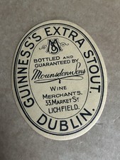 MINT GUINNESS DUBLIN BOTTLED BY MOUNSDON & SONS LICHFIELD BEER BOTTLE LABEL 50s
