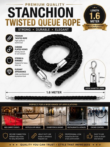 Black stanchion queue rope - 6m,