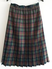 Vintage Hausco 100% Wool Tartan Plaid Checked Green Red Pleated Skirt UK 12/14 