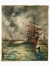 Oil painting Ship in stormy