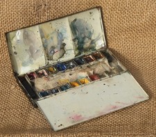 BARNARD Artists paint box Winsor & Newton Robertson Ceramic pans Antique RARE