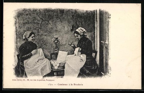 Postcard women embroidering - women,