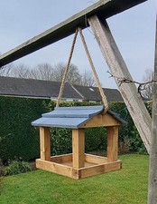 HANDMADE HANGING WOODEN BIRD TABLE FULLY ASSEMBLED Bluey Grey Roof 32Lx32Wx28Hcm