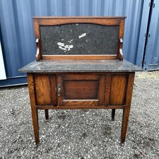 Antique Edwardian Oak Washstand With Marble Top, Splashback & Cupboard Section
