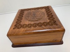 Polished Hardwood Puzzle Box with Carved Lid 20cm Square