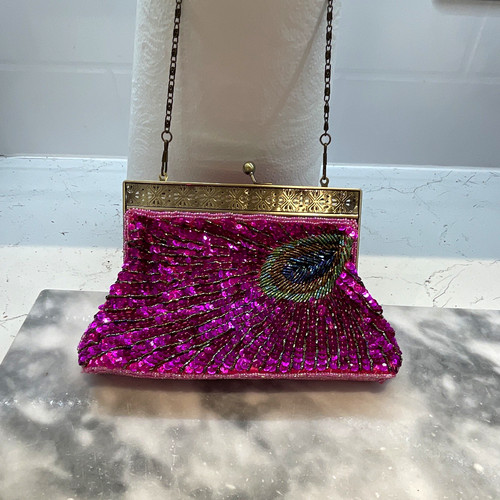 Pink beaded satin clutch bag - satin,