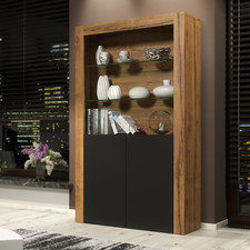 170cm Display Cabinet | Oak Matt Body & Black Matt Doors | 2 Glass Shelves