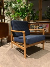 Navy blue plaid fabric Century Vintage Danish Style Armchair 1960s-70s
