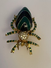 Vintage Style Beetle Brooch Green Navy Enamel Gold Tone Rhinestone Bug Pin