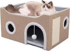 Cat Beds Foldable Cat House Soft Cave Bed with Scratching Board kaki for Auction